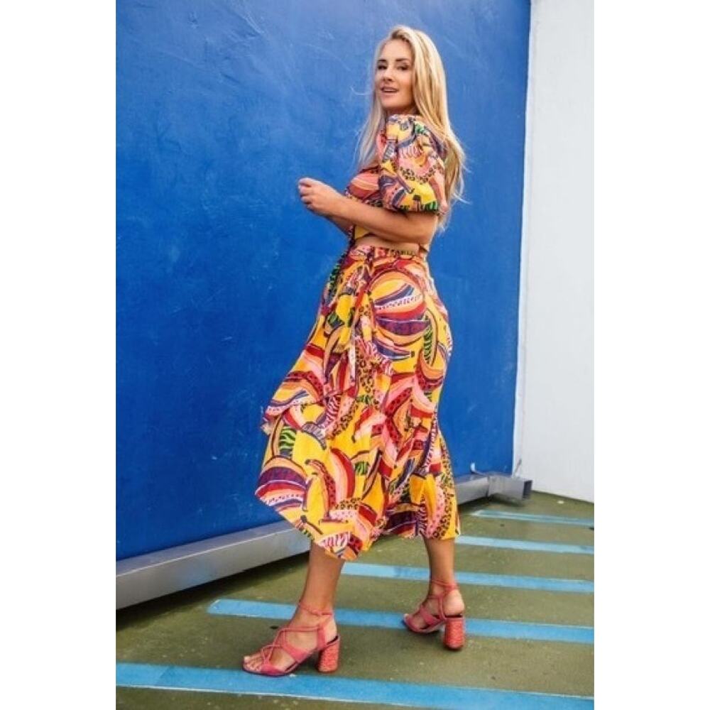 FARM RIO Linen Banana Wrap Skirt Size Small Midi Tropical Colorful NEW - Picture 2 of 7